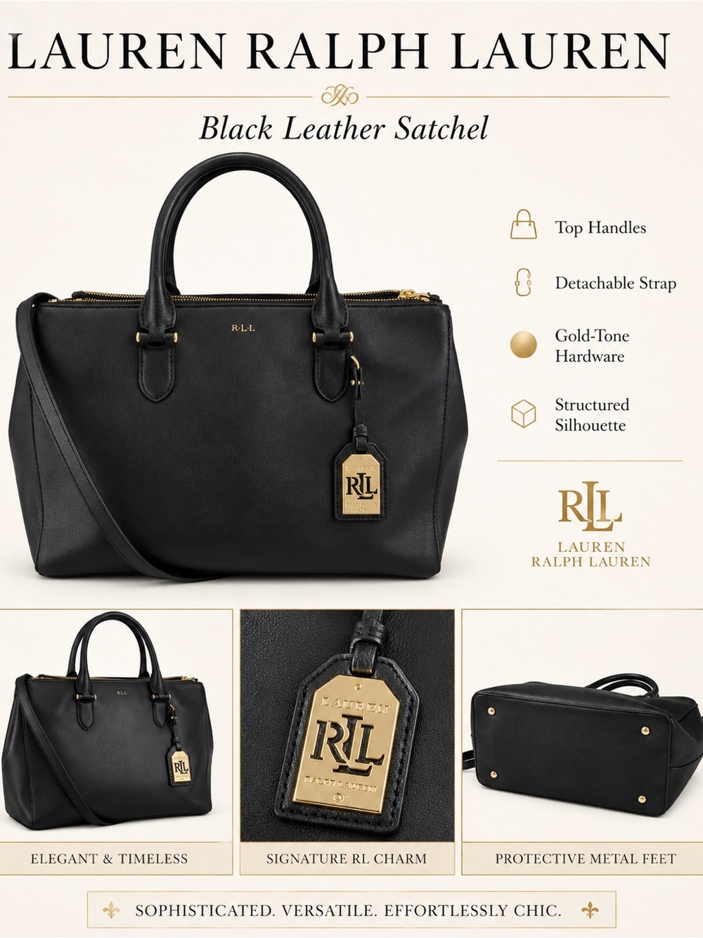 Lauren Ralph Lauren Black Leather Satchel  Triple Compartment Top Handle Purse